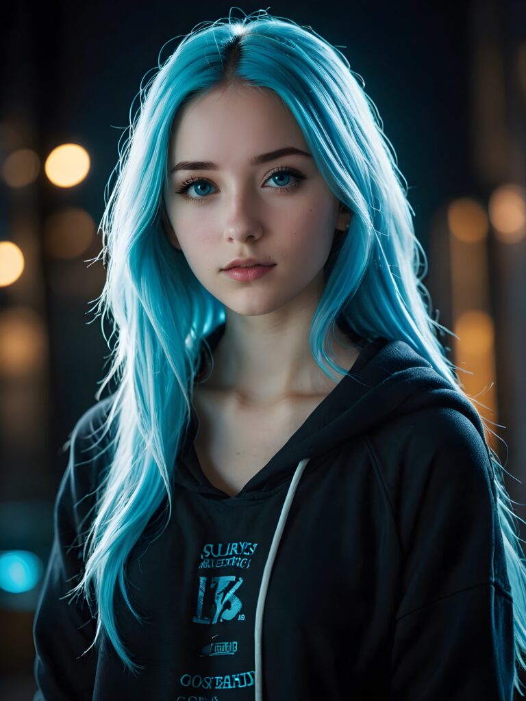 a young cute Emo teen girl, 15 years old, she has long (((neon light blue hair))), and (realistic dark blue eyes), ((angelic round face)), in a dreamy, perfect shadows, wearing a grey hoodie, perfect curved body, she looks seductively at the viewer, weak light falls into the picture and creates a contrasting silhouette, upper body, flawless skin, dark background, ((side profile)) ((ultra realistic photo)) ((stunning)) ((gorgeous)) ((4k))