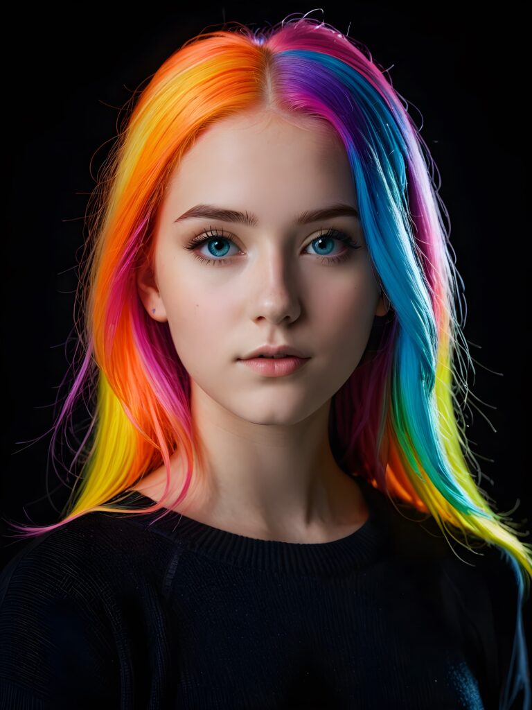 a young cute Emo teen girl, 13 years old, she has (((long straight neon rainbow colored hair))), and (realistic dark blue eyes), ((angelic round face)), perfect shadows, ((wearing a silk sweater)), perfect curved body, she looks seductively at the viewer, weak light falls into the picture and creates a contrasting silhouette, upper body, flawless skin, black background, ((ultra realistic photo)) ((stunning)) ((gorgeous)) ((4k))