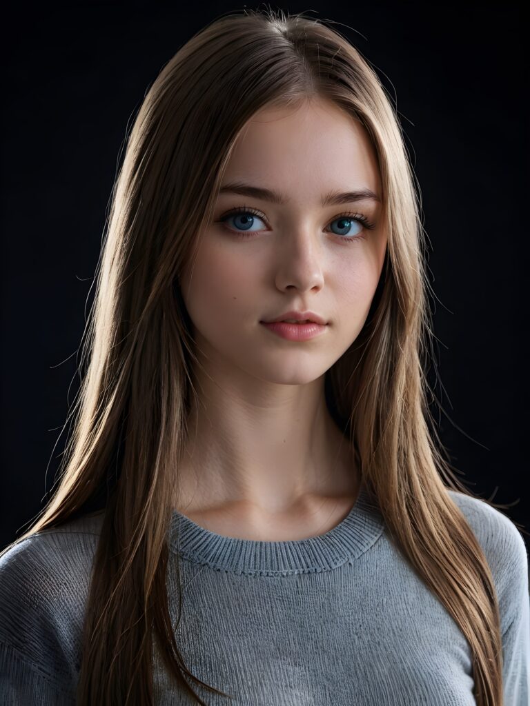 a young cute Emo teen girl, she has (((long straight hair))), and (realistic dark blue eyes), ((angelic round face)), perfect shadows, wearing a grey silk sweater, perfect curved body, she looks seductively at the viewer, weak light falls into the picture and creates a contrasting silhouette, upper body, flawless skin, black background, ((ultra realistic photo)) ((stunning)) ((gorgeous)) ((4k)) ((with a great neckline)) ((with a model pose))