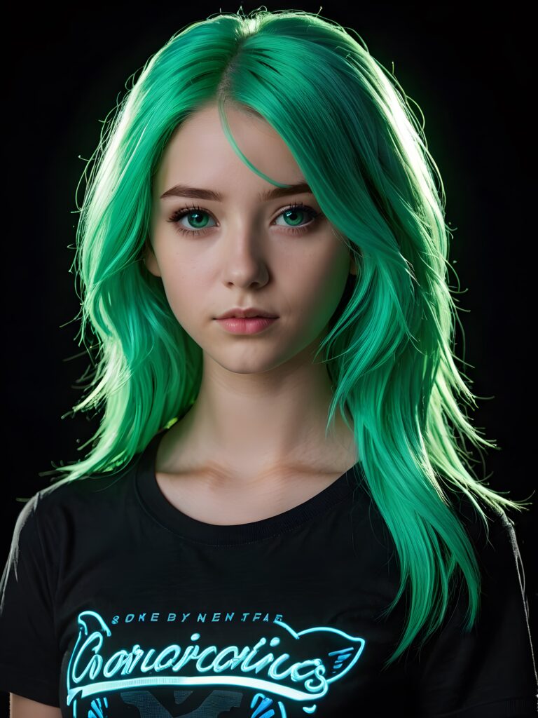 a young cute Emo teen girl, 13 years old, she has (((long neon light green hair))), and (realistic dark blue eyes), ((angelic round face)), perfect shadows, wearing a grey shirt, perfect curved body, she looks seductively at the viewer, weak light falls into the picture and creates a contrasting silhouette, upper body, flawless skin, black background, ((side profile)) ((ultra realistic photo)) ((stunning)) ((gorgeous)) ((4k))