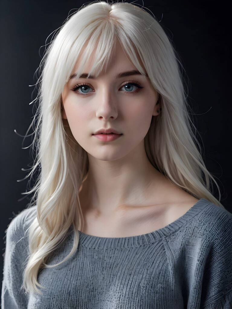 a young cute Emo teen girl, she has (((long platinum white colored hair, bangs cut))), and (realistic dark blue eyes), ((angelic round face)), perfect shadows, ((wearing a thin grey sweater)), she looks seductively at the viewer, weak light falls into the picture and creates a contrasting silhouette, upper body, flawless skin, dark background, ((ultra realistic photo)) ((stunning)) ((gorgeous)) ((4k))