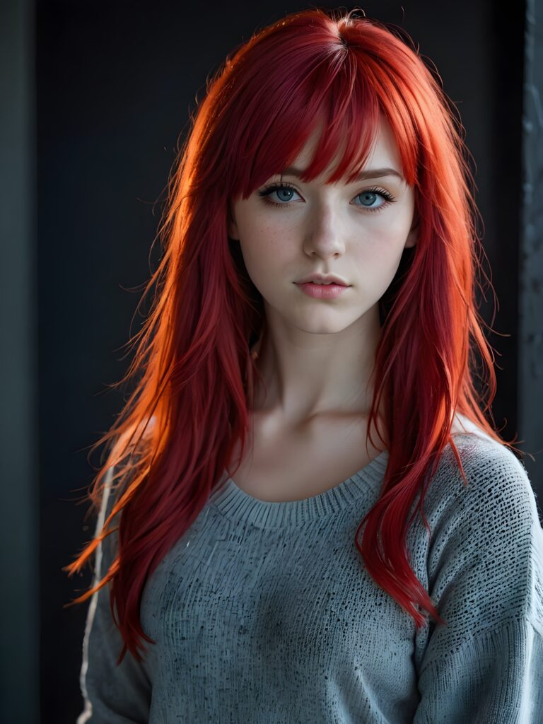 a young cute Emo teen girl, she has (((long neon red hair, bangs cut))), and (realistic dark blue eyes), ((angelic round face)), perfect shadows, ((wearing a thin grey sweater)), she looks seductively at the viewer, weak light falls into the picture and creates a contrasting silhouette, upper body, flawless skin, dark mystic background, ((ultra realistic photo)) ((stunning)) ((gorgeous)) ((4k))