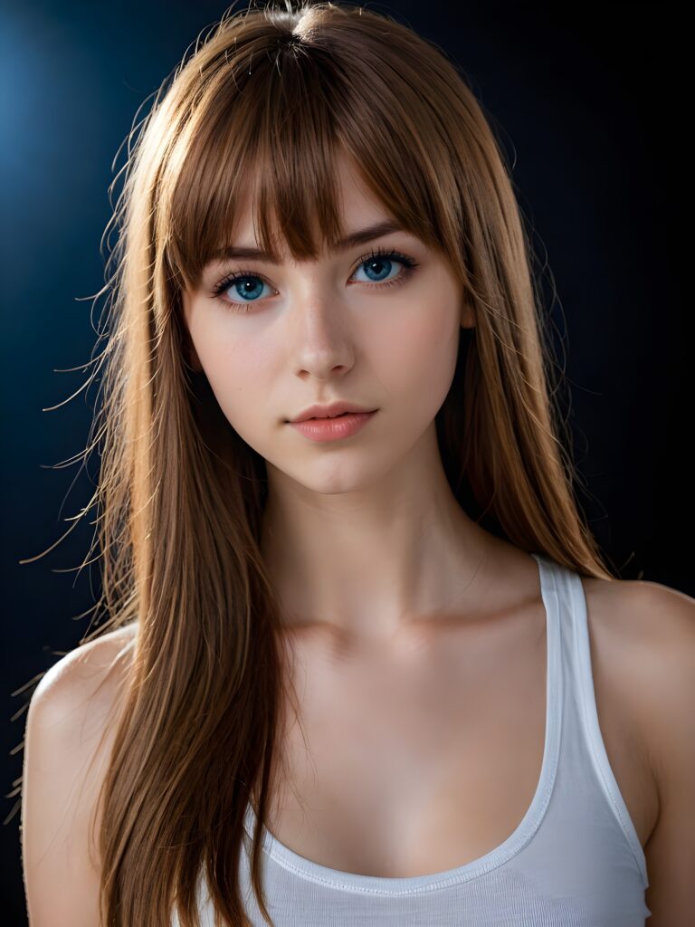 a young cute Emo teen girl, she has (((long straight hazelnut hair, bangs cut))), and (realistic dark blue eyes), ((angelic round face)), perfect shadows, ((wearing a thin white tank top)), she looks seductively at the viewer, weak light falls into the picture and creates a contrasting silhouette, upper body, flawless skin, dark mystic background, ((ultra realistic photo)) ((stunning)) ((gorgeous)) ((4k))