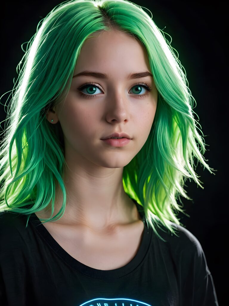 a young cute Emo teen girl, 13 years old, she has (((long neon light green hair))), and (realistic dark blue eyes), ((angelic round face)), perfect shadows, wearing a grey shirt, perfect curved body, she looks seductively at the viewer, weak light falls into the picture and creates a contrasting silhouette, upper body, flawless skin, black background, ((side profile)) ((ultra realistic photo)) ((stunning)) ((gorgeous)) ((4k))