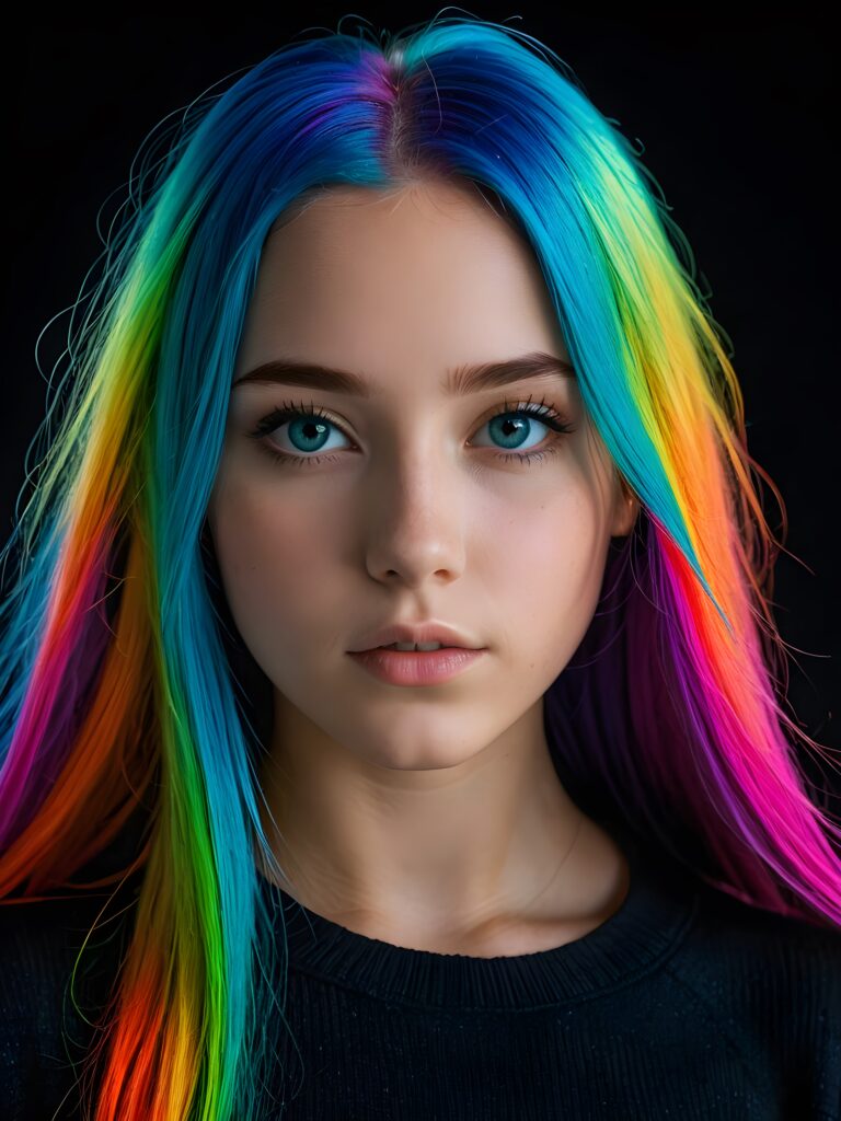 a young cute Emo teen girl, 13 years old, she has (((long straight neon rainbow colored hair))), and (realistic dark blue eyes), ((angelic round face)), perfect shadows, ((wearing a silk sweater)), perfect curved body, she looks seductively at the viewer, weak light falls into the picture and creates a contrasting silhouette, upper body, flawless skin, black background, ((ultra realistic photo)) ((stunning)) ((gorgeous)) ((4k))