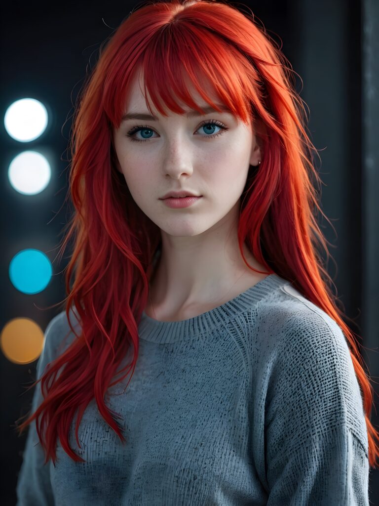 a young cute Emo teen girl, she has (((long neon red hair, bangs cut))), and (realistic dark blue eyes), ((angelic round face)), perfect shadows, ((wearing a thin grey sweater)), she looks seductively at the viewer, weak light falls into the picture and creates a contrasting silhouette, upper body, flawless skin, dark mystic background, ((ultra realistic photo)) ((stunning)) ((gorgeous)) ((4k))