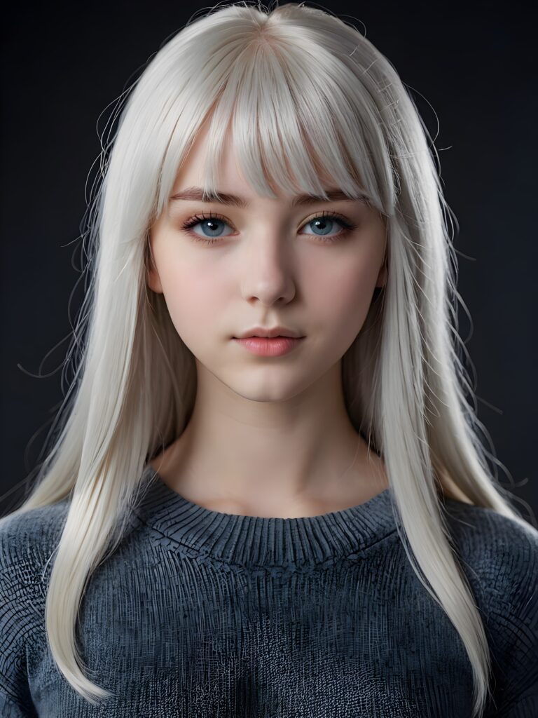 a young cute Emo teen girl, she has (((long platinum white colored hair, bangs cut))), and (realistic dark blue eyes), ((angelic round face)), perfect shadows, ((wearing a thin grey sweater)), she looks seductively at the viewer, weak light falls into the picture and creates a contrasting silhouette, upper body, flawless skin, dark background, ((ultra realistic photo)) ((stunning)) ((gorgeous)) ((4k))