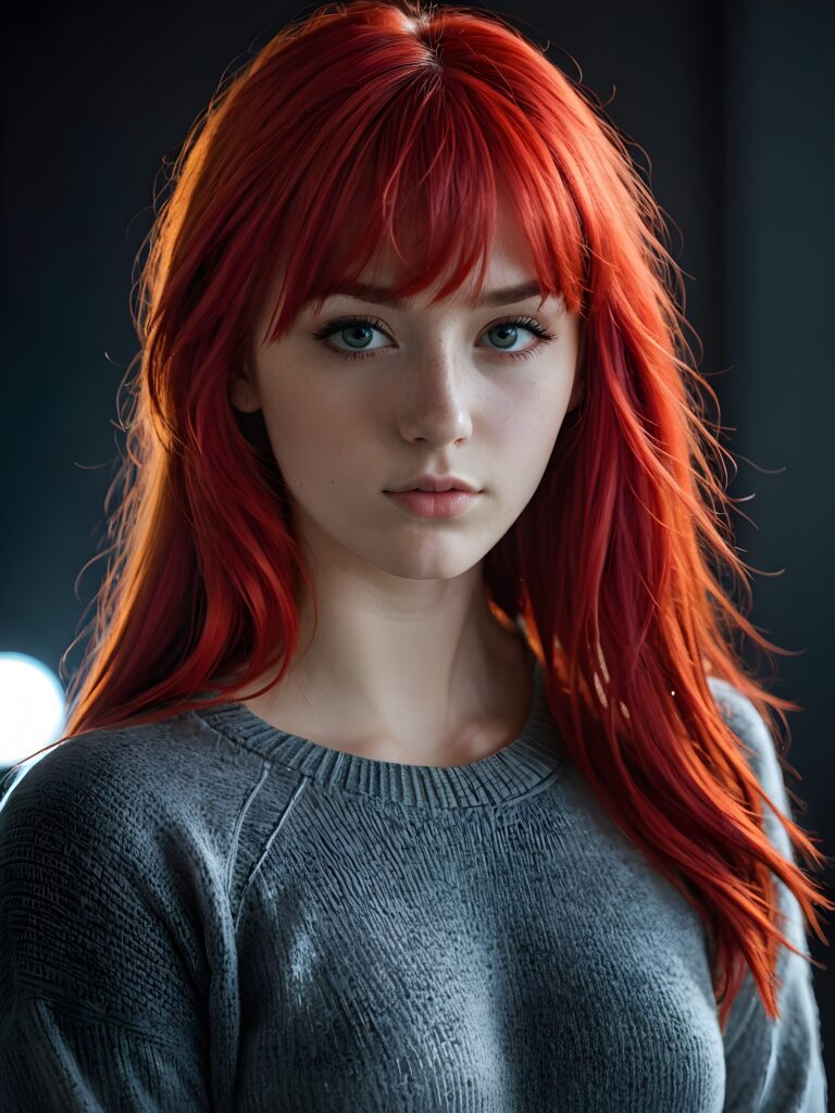 a young cute Emo teen girl, she has (((long neon red hair, bangs cut))), and (realistic dark blue eyes), ((angelic round face)), perfect shadows, ((wearing a thin grey sweater)), she looks seductively at the viewer, weak light falls into the picture and creates a contrasting silhouette, upper body, flawless skin, dark mystic background, ((ultra realistic photo)) ((stunning)) ((gorgeous)) ((4k))