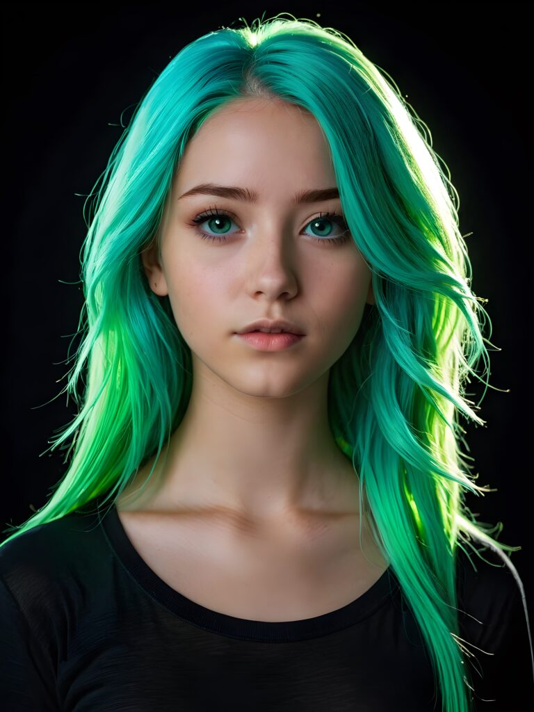 a young cute Emo teen girl, 13 years old, she has (((long neon light green hair))), and (realistic dark blue eyes), ((angelic round face)), perfect shadows, wearing a grey shirt, perfect curved body, she looks seductively at the viewer, weak light falls into the picture and creates a contrasting silhouette, upper body, flawless skin, black background, ((side profile)) ((ultra realistic photo)) ((stunning)) ((gorgeous)) ((4k))