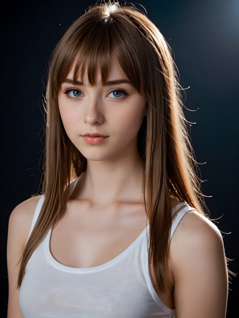 a young cute Emo teen girl, she has (((long straight hazelnut hair, bangs cut))), and (realistic dark blue eyes), ((angelic round face)), perfect shadows, ((wearing a thin white tank top)), she looks seductively at the viewer, weak light falls into the picture and creates a contrasting silhouette, upper body, flawless skin, dark mystic background, ((ultra realistic photo)) ((stunning)) ((gorgeous)) ((4k))