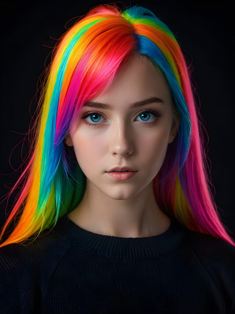 a young cute Emo teen girl, 13 years old, she has (((long straight neon rainbow colored hair))), and (realistic dark blue eyes), ((angelic round face)), perfect shadows, ((wearing a silk sweater)), perfect curved body, she looks seductively at the viewer, weak light falls into the picture and creates a contrasting silhouette, upper body, flawless skin, black background, ((ultra realistic photo)) ((stunning)) ((gorgeous)) ((4k))