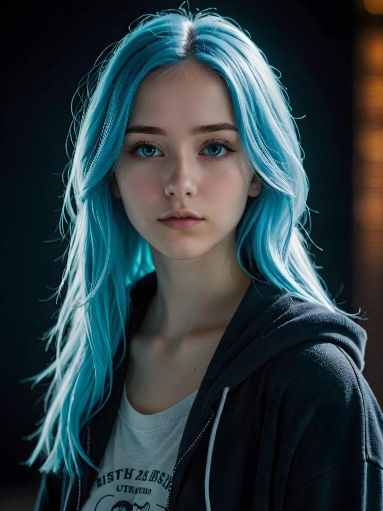 a young cute Emo teen girl, 15 years old, she has long (((neon light blue hair))), and (realistic dark blue eyes), ((angelic round face)), in a dreamy, perfect shadows, wearing a grey hoodie, perfect curved body, she looks seductively at the viewer, weak light falls into the picture and creates a contrasting silhouette, upper body, flawless skin, dark background, ((side profile)) ((ultra realistic photo)) ((stunning)) ((gorgeous)) ((4k))