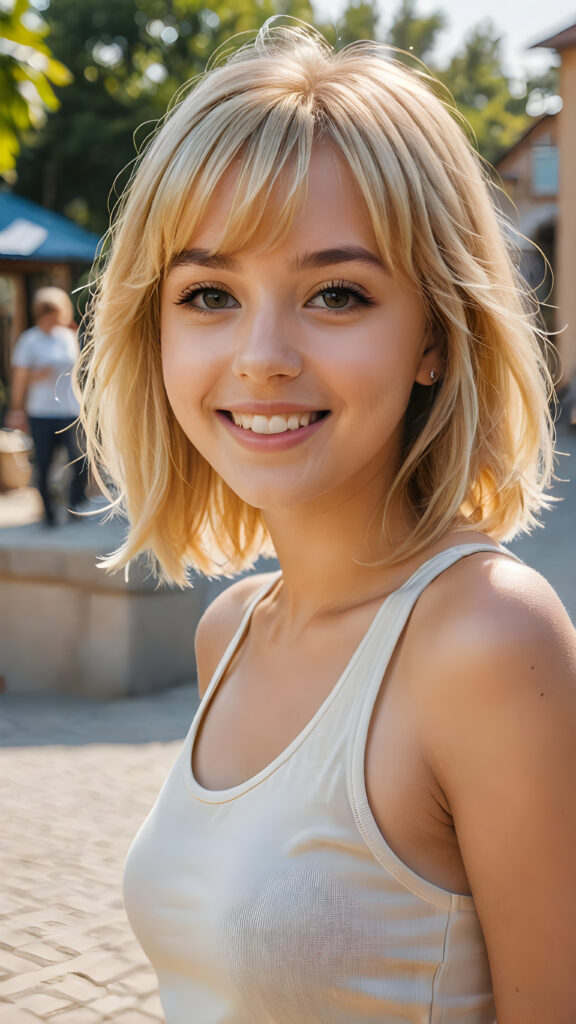 a (((young cute blond happy girl))), smile very happy, (wears a tank top), perfect curved body ((perfect portrait)), ((bangs cut, bob)) ((long straight smooth hair)) ((sunny backdrop))