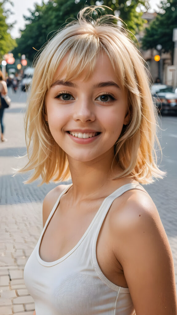 a (((young cute blond happy girl))), smile very happy, (wears a tank top), perfect curved body ((perfect portrait)), ((bangs cut, bob)) ((soft jet hair))