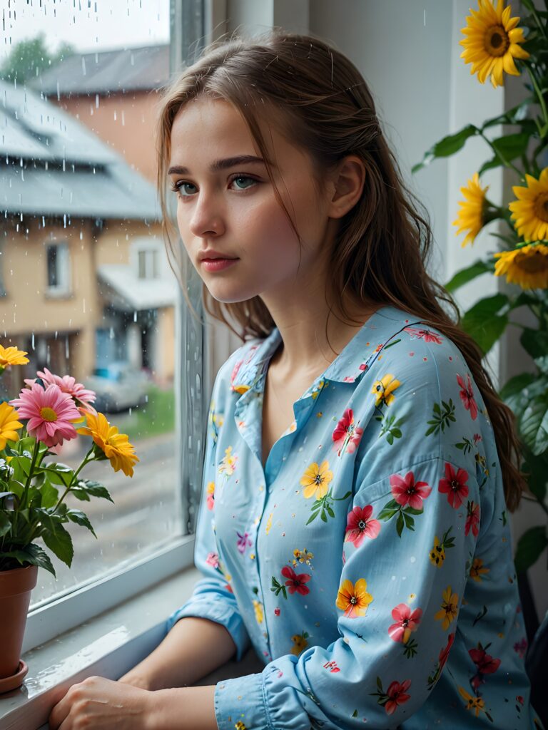 a young cute girl sits at the window and looks out sadly. It's raining and gloomy outside. She is wearing a summery shirt made of colorful flowers. ((realistic photo))