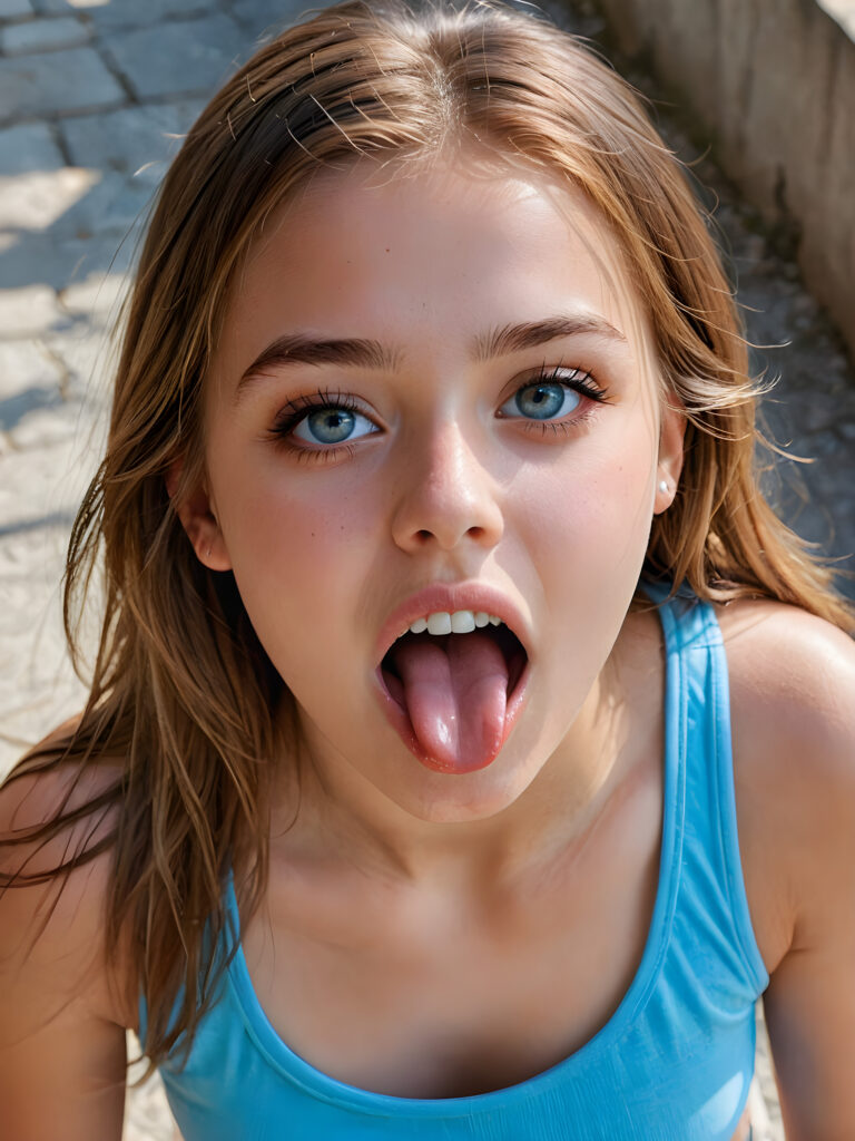 a young cute girl, 14 years old, with a beautiful face, realistic and hyper realistic, with long, straight jet brown-blond hair, reflective light blue eyes, beautiful, flawless complexion, perfect face, ultra fine, extreme realism, wears a thin cropped tank top, (((open mouth and she sticks out her round perfect tongue))) (((view from above)))