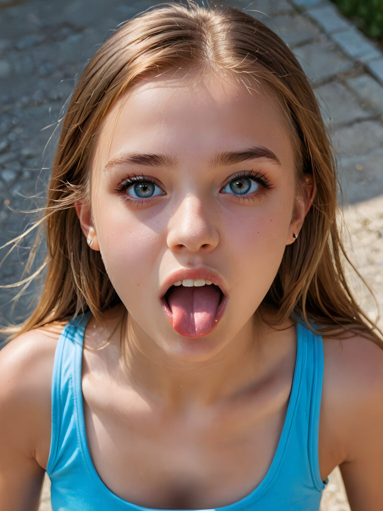 a young cute girl, 14 years old, with a beautiful face, realistic and hyper realistic, with long, straight jet brown-blond hair, reflective light blue eyes, beautiful, flawless complexion, perfect face, ultra fine, extreme realism, wears a thin cropped tank top, (((open mouth and she sticks out her round perfect tongue))) (((view from above)))