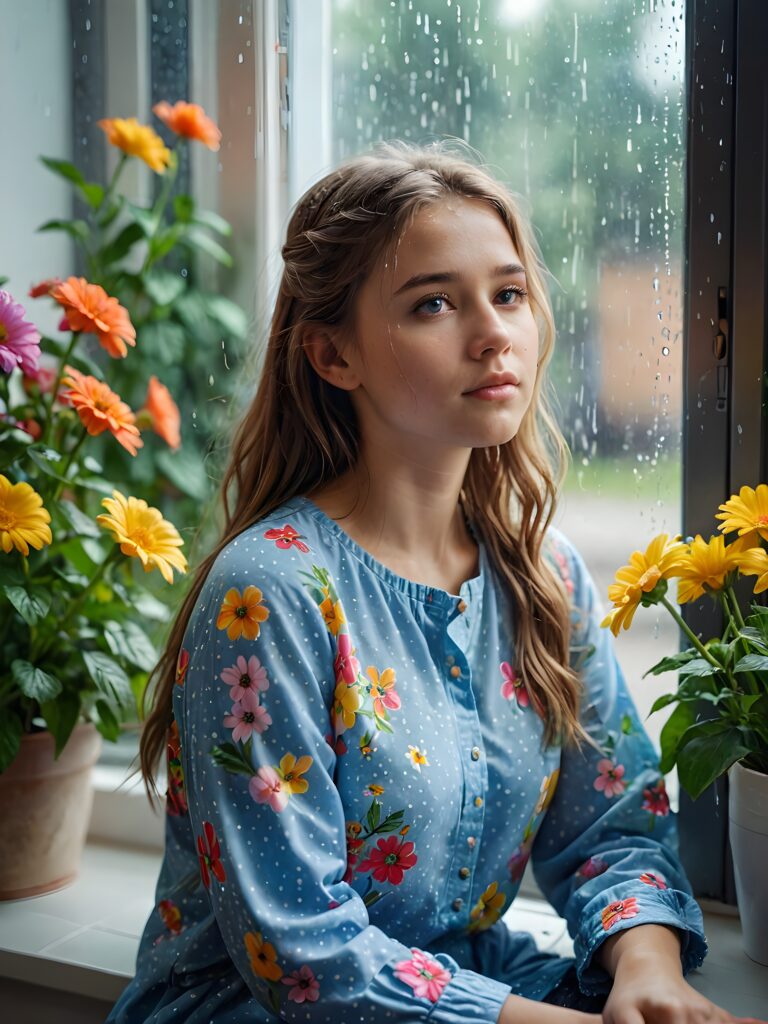 a young cute girl sits at the window and looks out sadly. It's raining and gloomy outside. She is wearing a summery shirt made of colorful flowers. ((realistic photo))