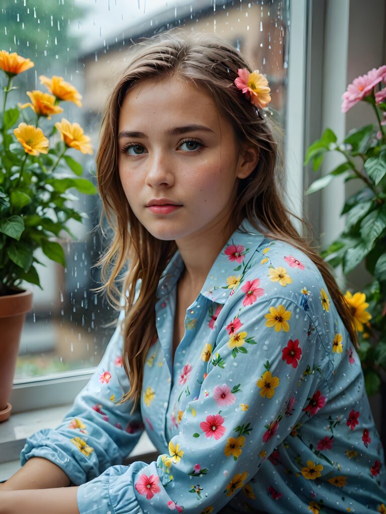 a young cute girl sits at the window and looks out sadly. It's raining and gloomy outside. She is wearing a summery shirt made of colorful flowers. ((realistic photo))