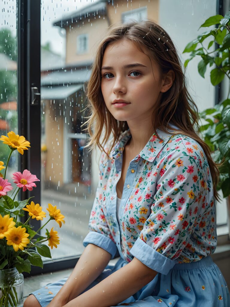 a young cute girl sits at the window and looks out sadly. It's raining and gloomy outside. She is wearing a summery shirt made of colorful flowers. ((realistic photo))