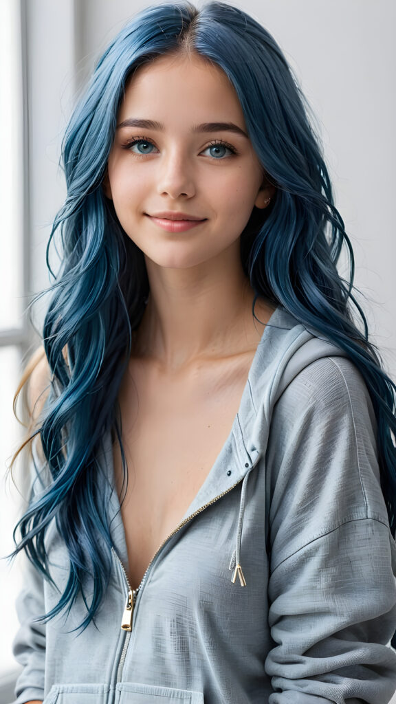 a young cute petite teen girl, warm smile, dimmed light falls on her, she has long (((long fluttering blue hair and silver eyes))) (her hair falls on her shoulders), and (realistic dark blue eyes), ((angelic round face)), in a dreamy, perfect shadows, wearing an baggy grey hoodie and denim blue jeans, perfect curved fit body, she looks seductively at the viewer and smiles slightly, upper body, flawless skin, light background, ((side profile)) ((ultra realistic photo)) ((stunning)) ((gorgeous)) ((4k))