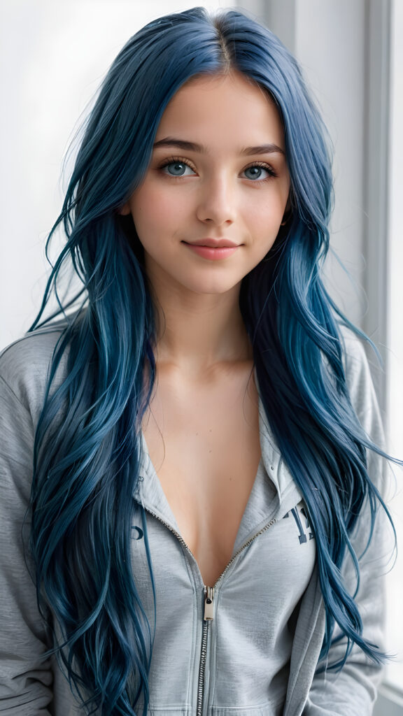 a young cute petite teen girl, warm smile, dimmed light falls on her, she has long (((long fluttering blue hair and silver eyes))) (her hair falls on her shoulders), and (realistic dark blue eyes), ((angelic round face)), in a dreamy, perfect shadows, wearing an baggy grey hoodie and denim blue jeans, perfect curved fit body, she looks seductively at the viewer and smiles slightly, upper body, flawless skin, light background, ((side profile)) ((ultra realistic photo)) ((stunning)) ((gorgeous)) ((4k))