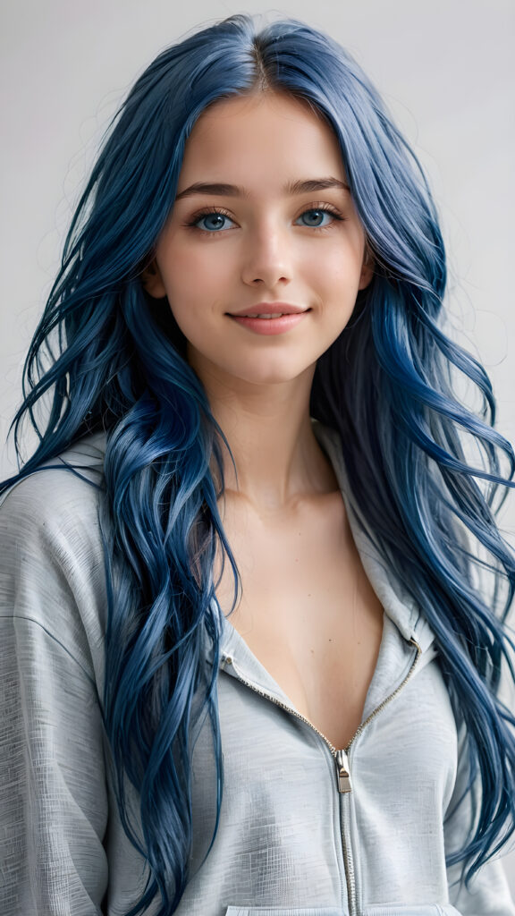 a young cute petite teen girl, warm smile, dimmed light falls on her, she has long (((long fluttering blue hair and silver eyes))) (her hair falls on her shoulders), and (realistic dark blue eyes), ((angelic round face)), in a dreamy, perfect shadows, wearing an baggy grey hoodie and denim blue jeans, perfect curved fit body, she looks seductively at the viewer and smiles slightly, upper body, flawless skin, light background, ((side profile)) ((ultra realistic photo)) ((stunning)) ((gorgeous)) ((4k))