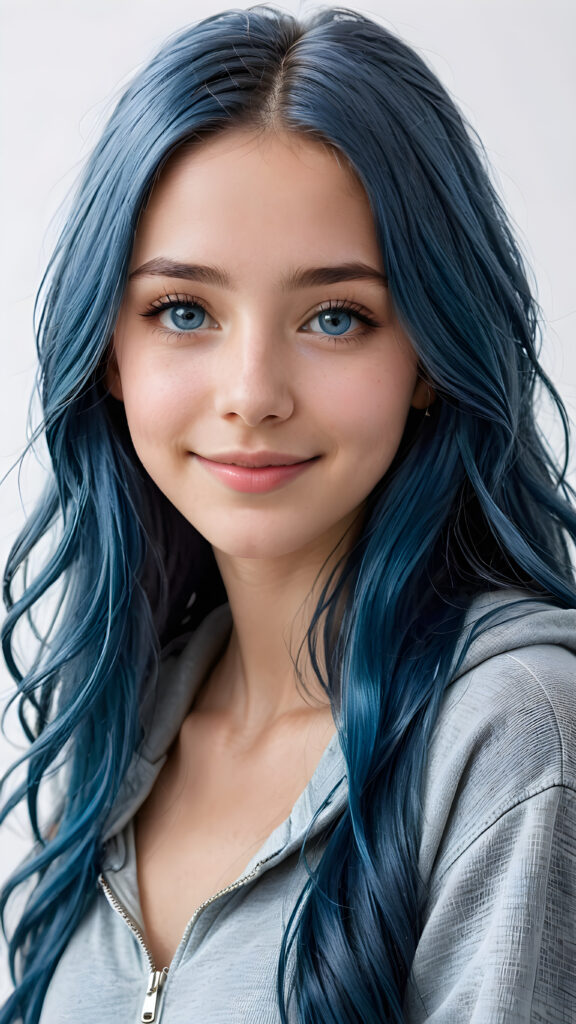 a young cute petite teen girl, warm smile, dimmed light falls on her, she has long (((long fluttering blue hair and silver eyes))) (her hair falls on her shoulders), and (realistic dark blue eyes), ((angelic round face)), in a dreamy, perfect shadows, wearing an baggy grey hoodie and denim blue jeans, perfect curved fit body, she looks seductively at the viewer and smiles slightly, upper body, flawless skin, light background, ((side profile)) ((ultra realistic photo)) ((stunning)) ((gorgeous)) ((4k))