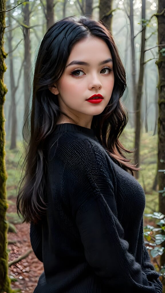 a young cute teen girl with long, straight and shiny jet black hair, ((full plump red lips)), wears a ((black sweater made of wool)), looks seductively at the viewer. In the background a misty, gloomy forest with faint moonlight, she has a perfect fit curved body, side view