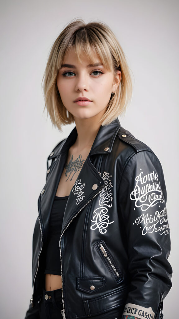 a young cute teenage girl with long two-toned blond bob cut hair, with bangs, ((black biker jacket)), ethereal, tattoo art style, ((calligraphic style)), hand painted, no photo realistic, hazy white backdrop, ((beautiful colors))