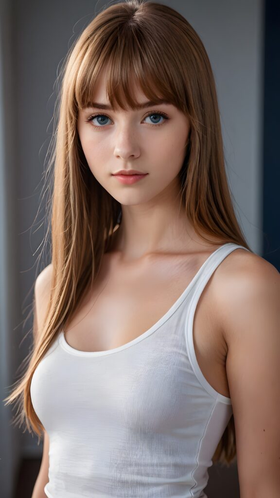 a young cute Emo teen girl, she has (((long straight hazelnut hair, bangs cut))), and (realistic dark blue eyes), ((angelic round face)), perfect shadows, ((wearing a thin white tank top)), she looks seductively at the viewer, weak light falls into the picture and creates a contrasting silhouette, upper body, flawless skin, dark mystic background, ((ultra realistic photo)) ((stunning)) ((gorgeous)) ((4k))