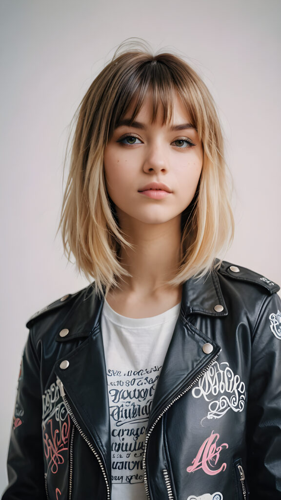 a young cute teenage girl with long two-toned blond bob cut hair, with bangs, ((black biker jacket)), ethereal, tattoo art style, ((calligraphic style)), hand painted, no photo realistic, hazy white backdrop, ((beautiful colors))