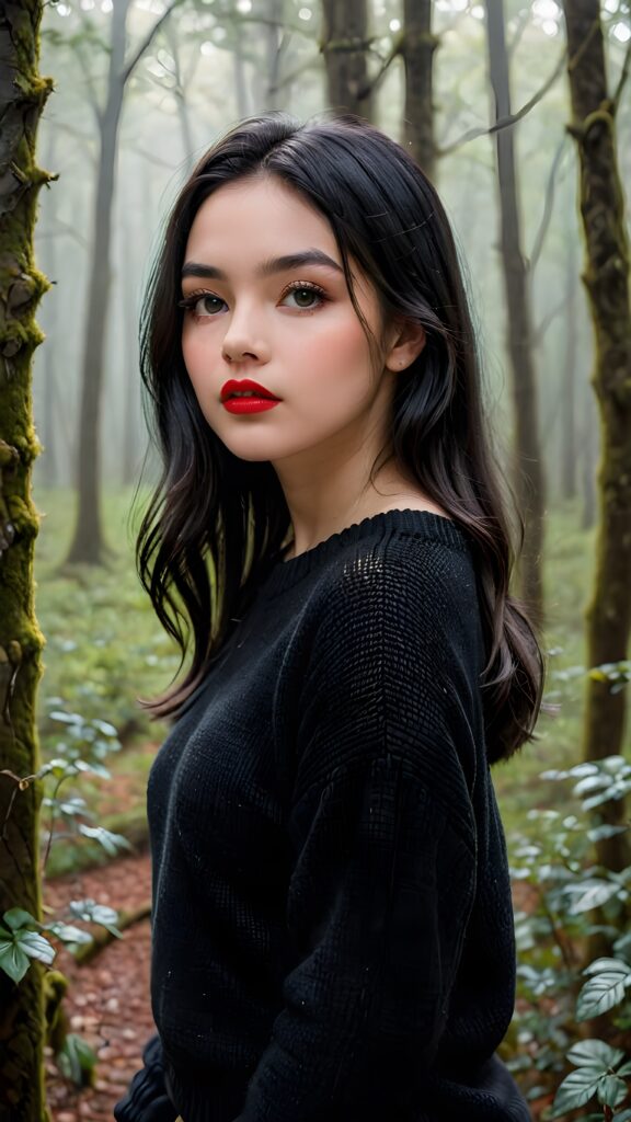 a young cute teen girl with long, straight and shiny jet black hair, ((full plump red lips)), wears a ((black sweater made of wool)), looks seductively at the viewer. In the background a misty, gloomy forest with faint moonlight, she has a perfect fit curved body, side view