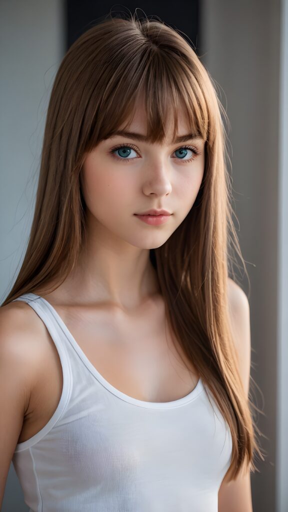 a young cute Emo teen girl, she has (((long straight hazelnut hair, bangs cut))), and (realistic dark blue eyes), ((angelic round face)), perfect shadows, ((wearing a thin white tank top)), she looks seductively at the viewer, weak light falls into the picture and creates a contrasting silhouette, upper body, flawless skin, dark mystic background, ((ultra realistic photo)) ((stunning)) ((gorgeous)) ((4k))