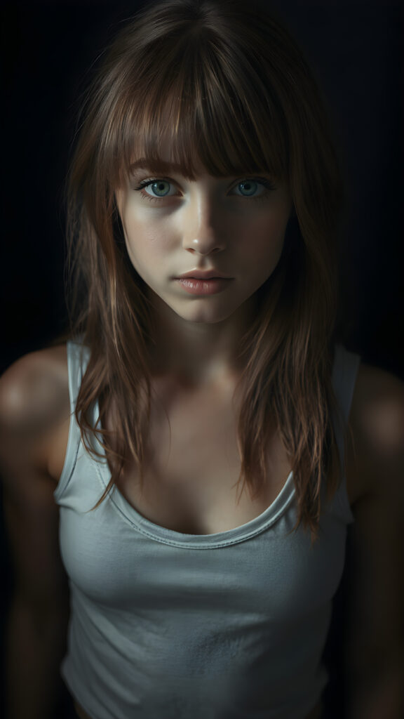 a young cute well busty Emo teen girl, she has (((long straight hazelnut hair, bangs cut))), and (realistic dark blue eyes), ((angelic round face)), perfect shadows, ((wearing a thin white tank top, deep v-neck, open front)), she looks seductively at the viewer, weak light falls into the picture and creates a contrasting silhouette, upper body, flawless skin, dark mystic background, ((ultra realistic photo)) ((stunning)) ((gorgeous)) ((4k))