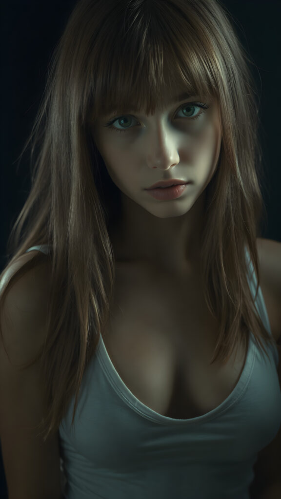 a young cute well busty Emo teen girl, she has (((long straight hazelnut hair, bangs cut))), and (realistic dark blue eyes), ((angelic round face)), perfect shadows, ((wearing a thin white tank top, deep v-neck, open front)), she looks seductively at the viewer, weak light falls into the picture and creates a contrasting silhouette, upper body, flawless skin, dark mystic background, ((ultra realistic photo)) ((stunning)) ((gorgeous)) ((4k))