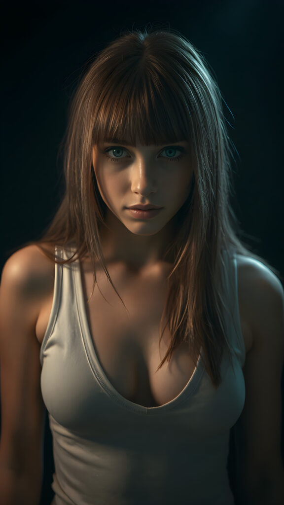 a young cute well busty Emo teen girl, she has (((long straight hazelnut hair, bangs cut))), and (realistic dark blue eyes), ((angelic round face)), perfect shadows, ((wearing a thin white tank top, deep v-neck, open front)), she looks seductively at the viewer, weak light falls into the picture and creates a contrasting silhouette, upper body, flawless skin, dark mystic background, ((ultra realistic photo)) ((stunning)) ((gorgeous)) ((4k))