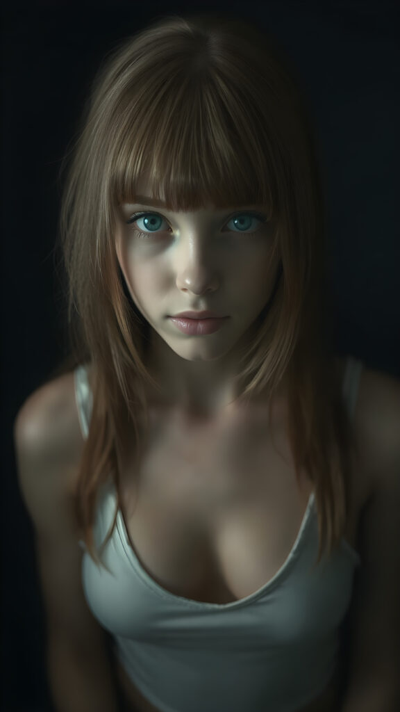 a young cute well busty Emo teen girl, she has (((long straight hazelnut hair, bangs cut))), and (realistic dark blue eyes), ((angelic round face)), perfect shadows, ((wearing a thin white tank top, deep v-neck, open front)), she looks seductively at the viewer, weak light falls into the picture and creates a contrasting silhouette, upper body, flawless skin, dark mystic background, ((ultra realistic photo)) ((stunning)) ((gorgeous)) ((4k))