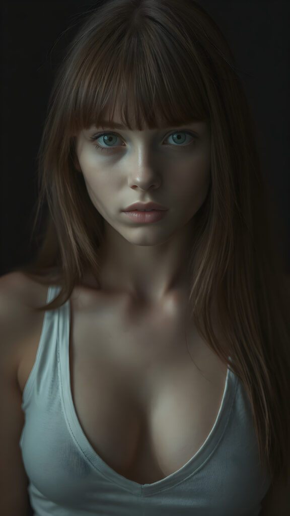 a young cute well busty Emo teen girl, she has (((long straight hazelnut hair, bangs cut))), and (realistic dark blue eyes), ((angelic round face)), perfect shadows, ((wearing a thin white tank top, deep v-neck, open front)), she looks seductively at the viewer, weak light falls into the picture and creates a contrasting silhouette, upper body, flawless skin, dark mystic background, ((ultra realistic photo)) ((stunning)) ((gorgeous)) ((4k))