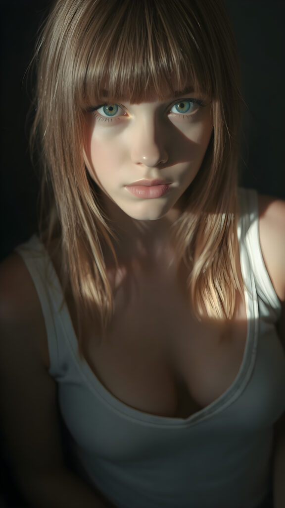 a young cute well busty Emo teen girl, she has (((long straight hazelnut hair, bangs cut))), and (realistic dark blue eyes), ((angelic round face)), perfect shadows, ((wearing a thin white tank top, deep v-neck, open front)), she looks seductively at the viewer, weak light falls into the picture and creates a contrasting silhouette, upper body, flawless skin, dark mystic background, ((ultra realistic photo)) ((stunning)) ((gorgeous)) ((4k))