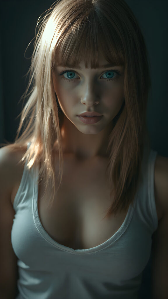 a young cute well busty Emo teen girl, she has (((long straight hazelnut hair, bangs cut))), and (realistic dark blue eyes), ((angelic round face)), perfect shadows, ((wearing a thin white tank top, deep v-neck, open front)), she looks seductively at the viewer, weak light falls into the picture and creates a contrasting silhouette, upper body, flawless skin, dark mystic background, ((ultra realistic photo)) ((stunning)) ((gorgeous)) ((4k))