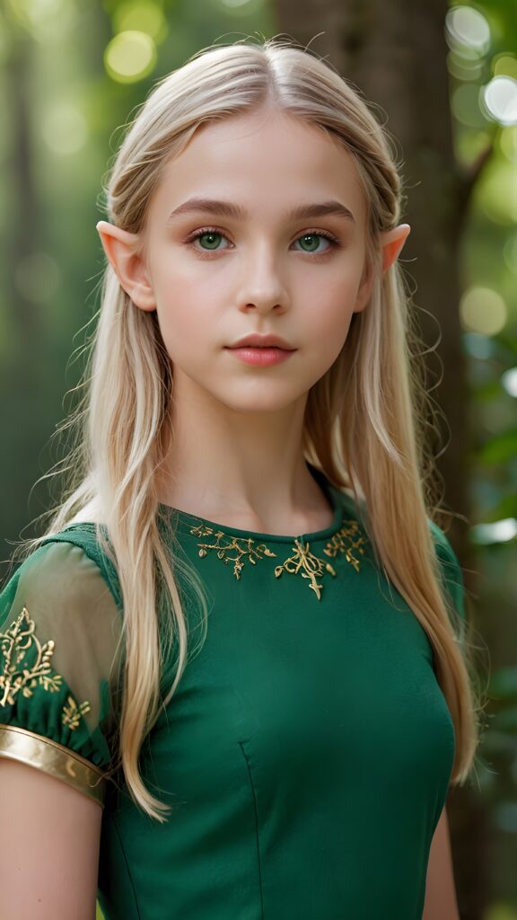 a young elf-like teen girl, lightly dressed in green, 13 years old, blond straight hair, flawless skin, ((stunning)) ((gorgeous)) ((detailed full body portrait)), ((empty background)), ((full lips))