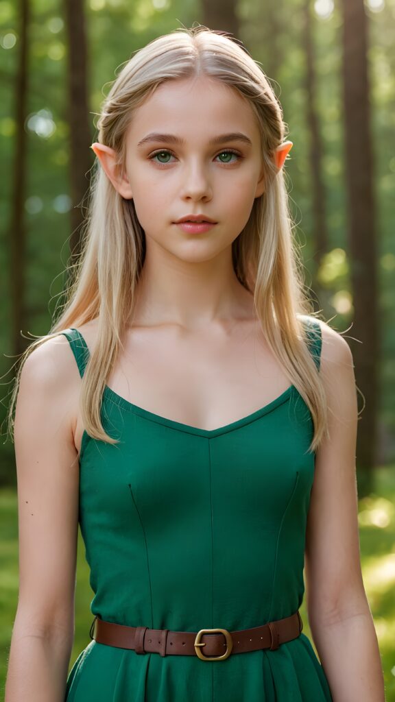 a young elf-like teen girl, lightly dressed in green, 13 years old, blond straight hair, flawless skin, ((stunning)) ((gorgeous)) ((detailed full body portrait)), ((empty background)), ((full lips))