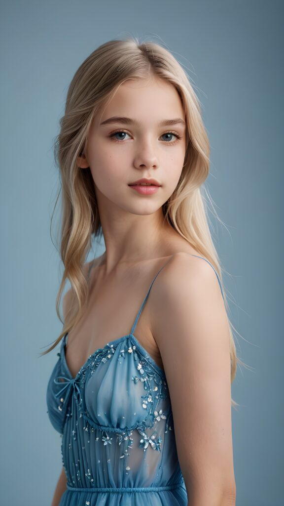 a young fairy-like teen girl, lightly dressed in blue, 13 years old, blond straight hair, flawless skin, ((stunning)) ((gorgeous)) ((detailed full body portrait)), ((empty background)), ((full lips))