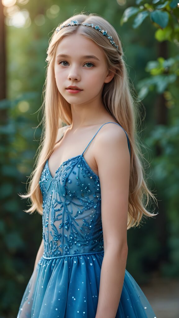 a young fairy-like teen girl, lightly dressed in blue, 13 years old, blond straight hair, flawless skin, ((stunning)) ((gorgeous)) ((detailed full body portrait)), ((empty background)), ((full lips))