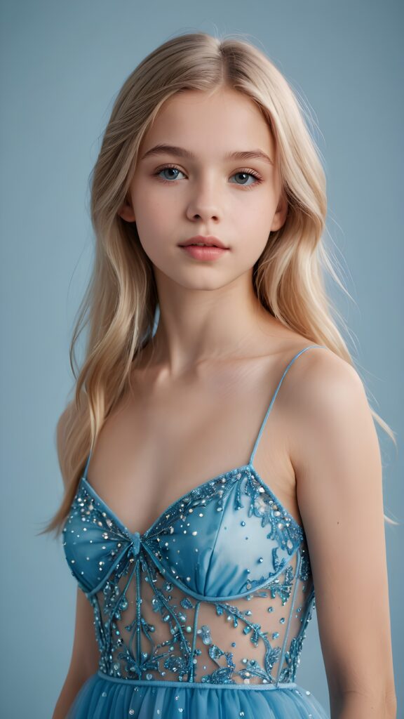 a young fairy-like teen girl, lightly dressed in blue, 13 years old, blond straight hair, flawless skin, ((stunning)) ((gorgeous)) ((detailed full body portrait)), ((empty background)), ((full lips))