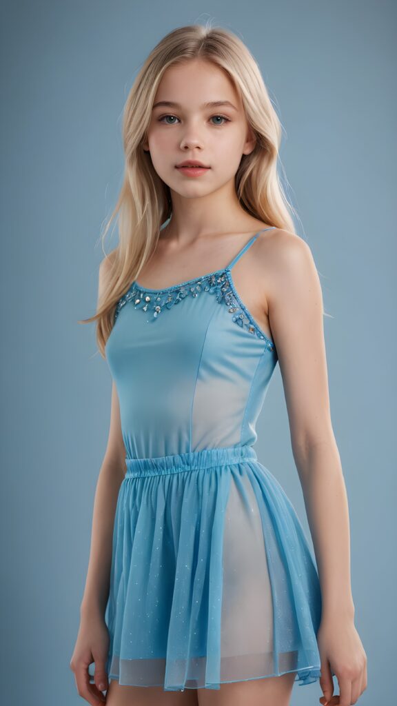 a young fairy-like teen girl, lightly dressed in blue, 13 years old, blond straight hair, flawless skin, ((stunning)) ((gorgeous)) ((detailed full body portrait)), ((empty background)), ((full lips))