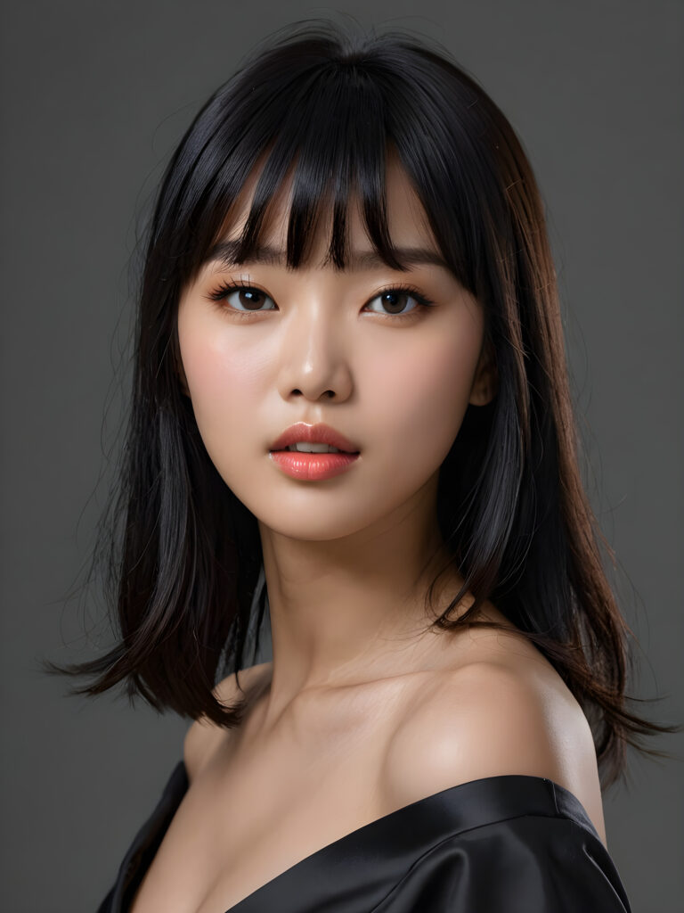 a young, fascinating Korean girl, shiny, jet black hair in bangs cut, full lips, lightly dressed, mouth slightly open with a seductive look, ((stunning)) ((gorgeous)), ((grey background))