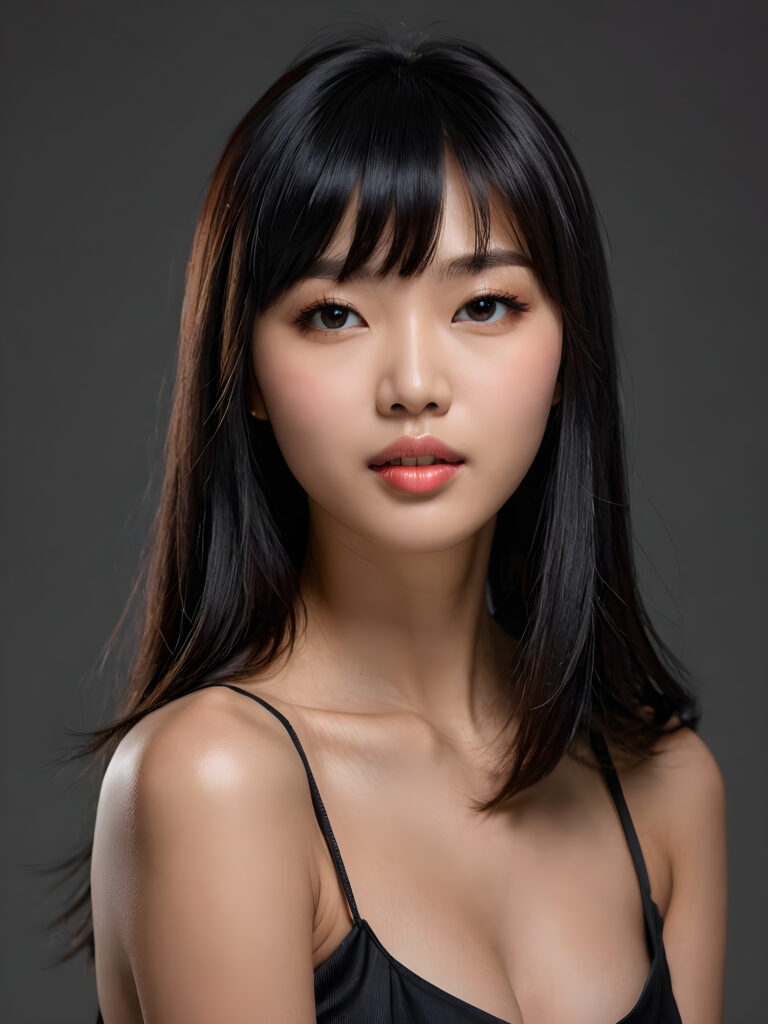 a young, fascinating Korean girl, shiny, jet black hair in bangs cut, full lips, lightly dressed, mouth slightly open with a seductive look, ((stunning)) ((gorgeous)), ((grey background))