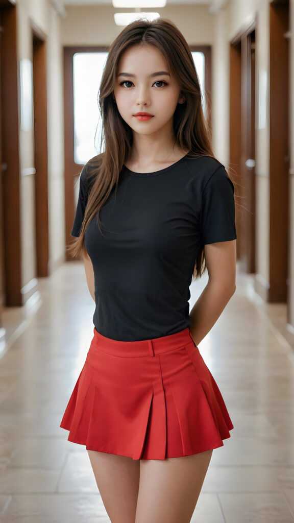 a young girl, 15 years old, slightly short stature, narrow hips, thin thighs, large soft brown eyes, long straight hair, unique, unusual, amazing, brilliant, incredible, perfect, rich detail, clear and perfect eyes, realistic, cinematic, brilliant, sharp focus, full body shot, attractive, ((with red lips)), in a ((plain black t-shirt and a fine round plain miniskirt)), thin silk, beautiful, alone in an empty corridor.